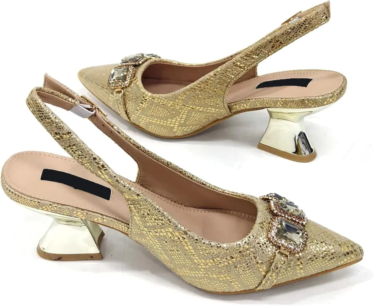 Women's Golden Lace Bridal Set - Breathable Fabric Heels & Tassel-Trimmed Clutch for Summer Weddings