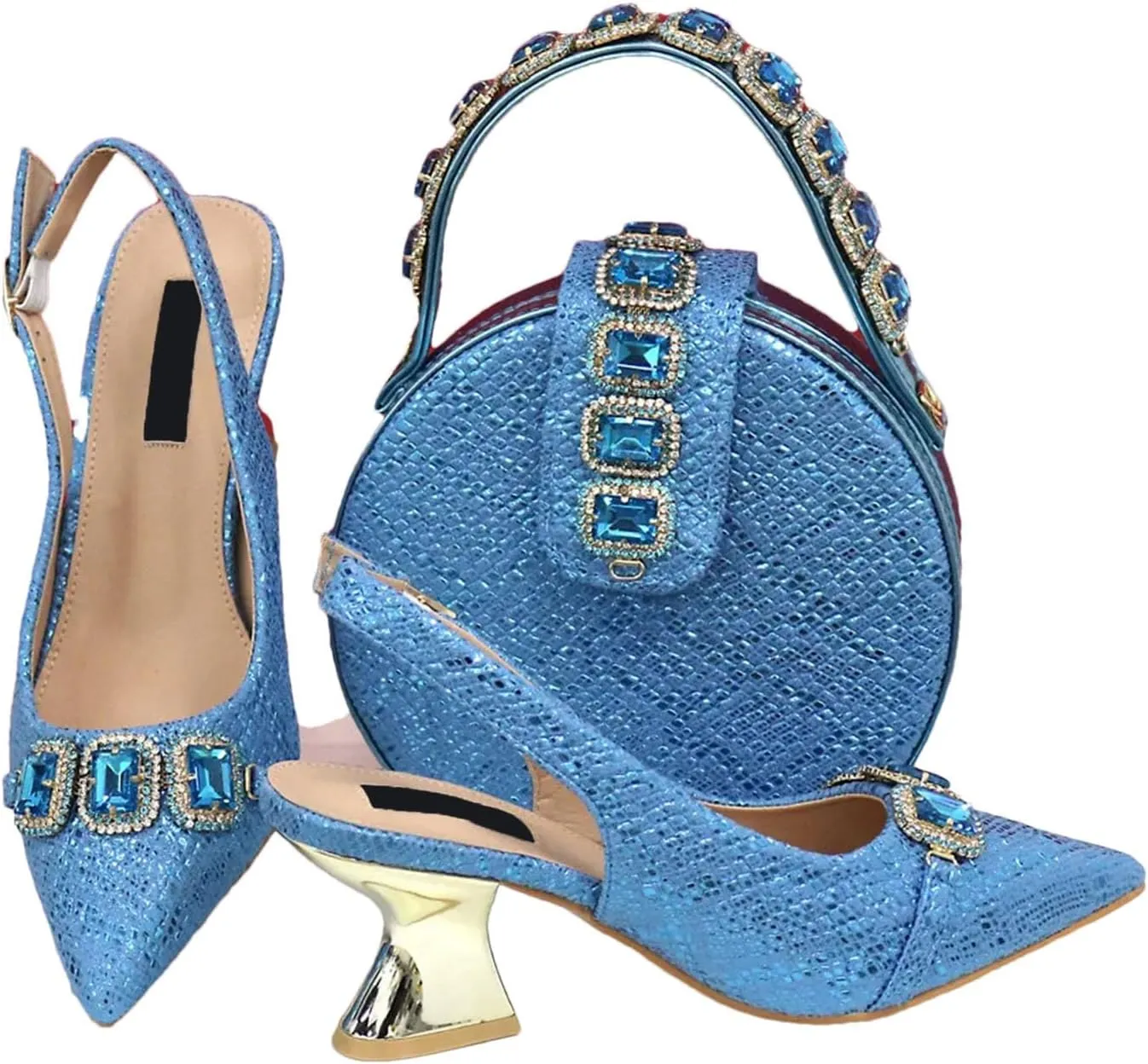 Women's Golden Lace Bridal Set - Breathable Fabric Heels & Tassel-Trimmed Clutch for Summer Weddings