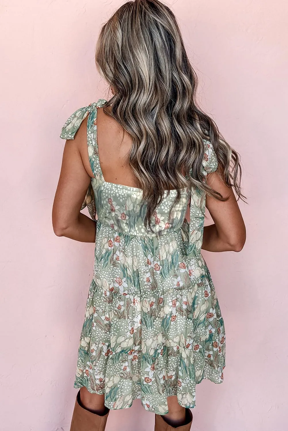 Women's Gray Floral Knotted Strap Smocked Tiered Ruffle Mini Dress - Chic and Playful Design