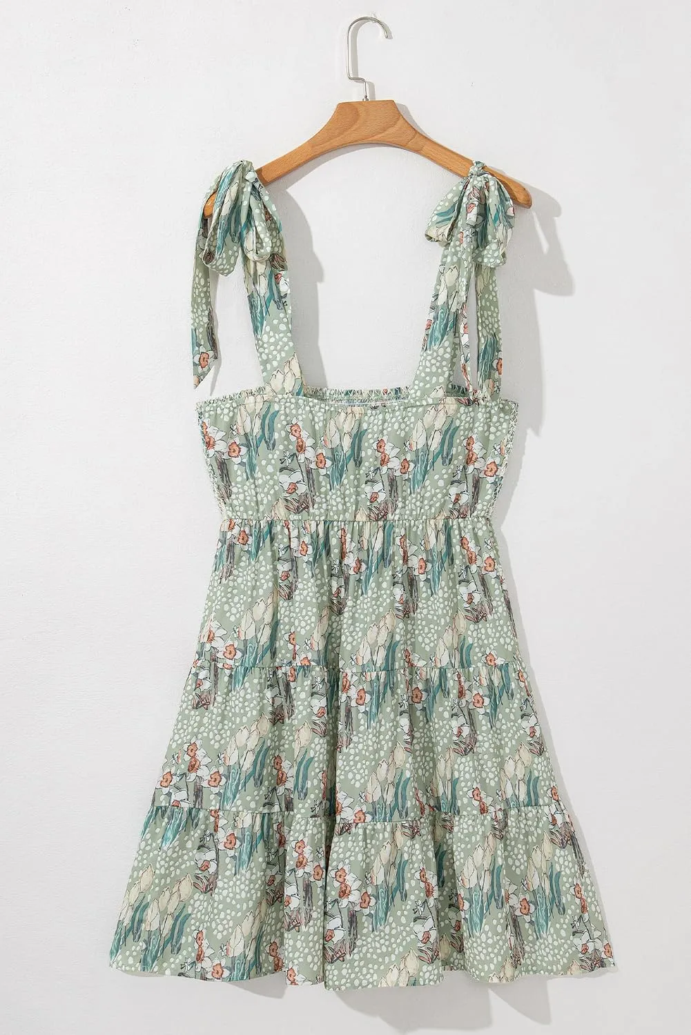 Women's Gray Floral Knotted Strap Smocked Tiered Ruffle Mini Dress - Chic and Playful Design