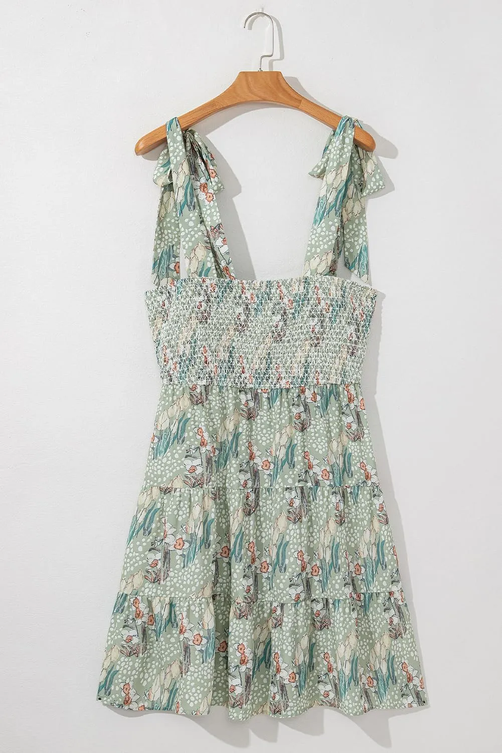 Women's Gray Floral Knotted Strap Smocked Tiered Ruffle Mini Dress - Chic and Playful Design