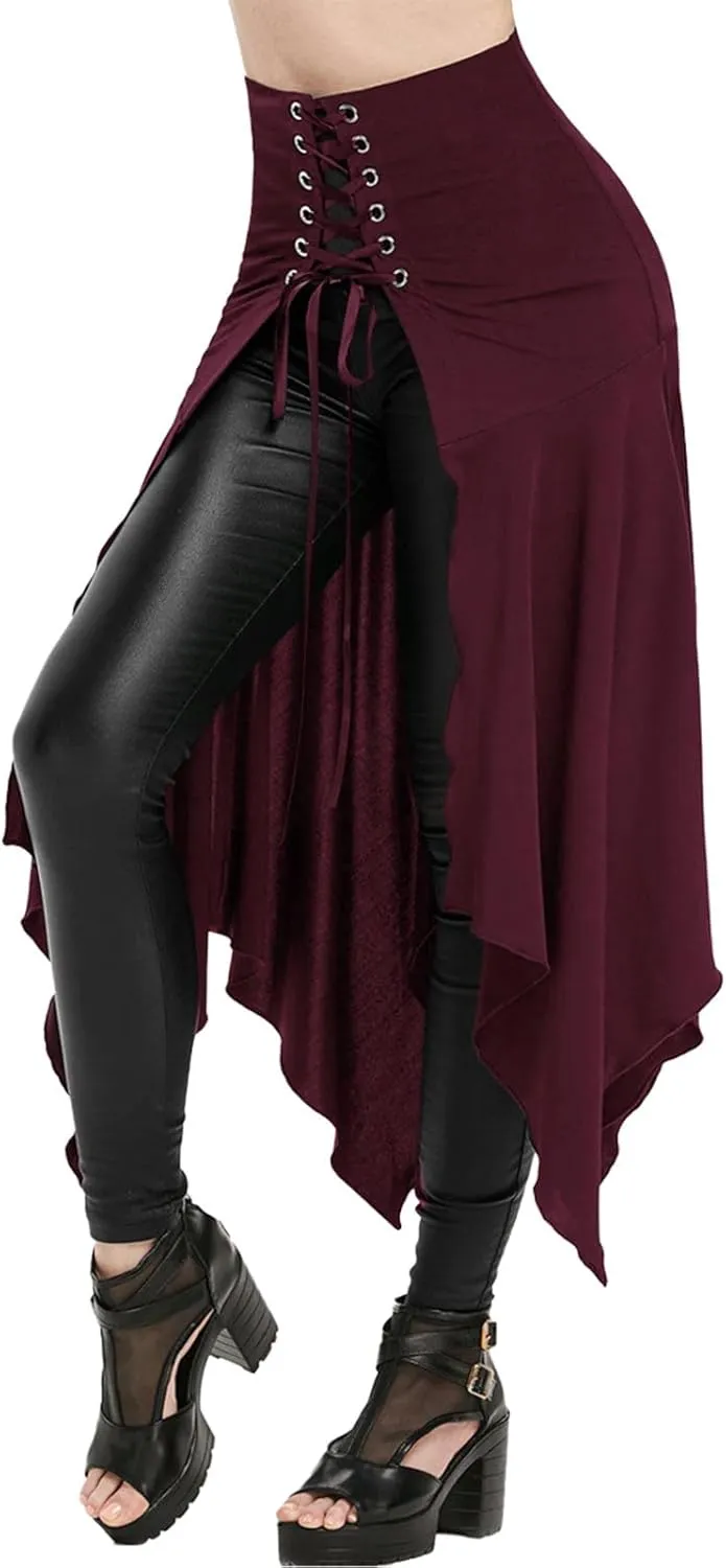 Womens Halloween Skirts Casual Irregular Stitching Strappy Skirts Bandage Tie Waist Flowy Pleated Midi Skirts