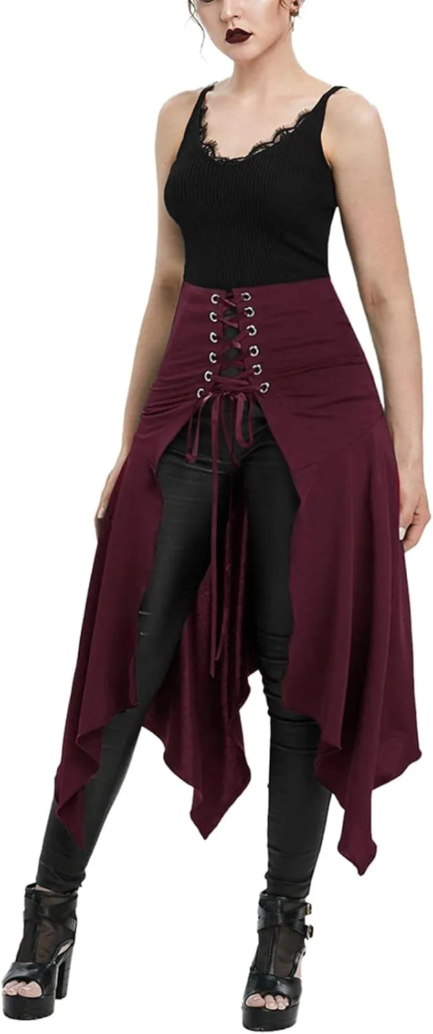 Womens Halloween Skirts Casual Irregular Stitching Strappy Skirts Bandage Tie Waist Flowy Pleated Midi Skirts