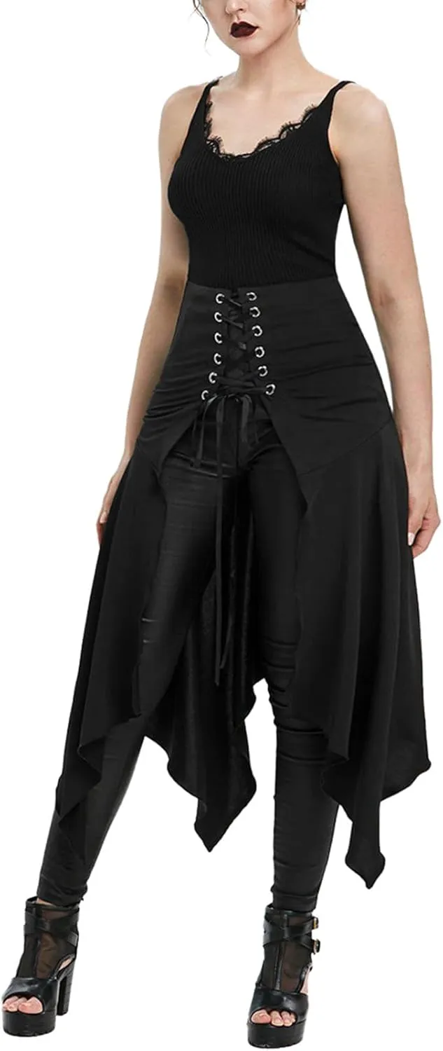 Womens Halloween Skirts Casual Irregular Stitching Strappy Skirts Bandage Tie Waist Flowy Pleated Midi Skirts