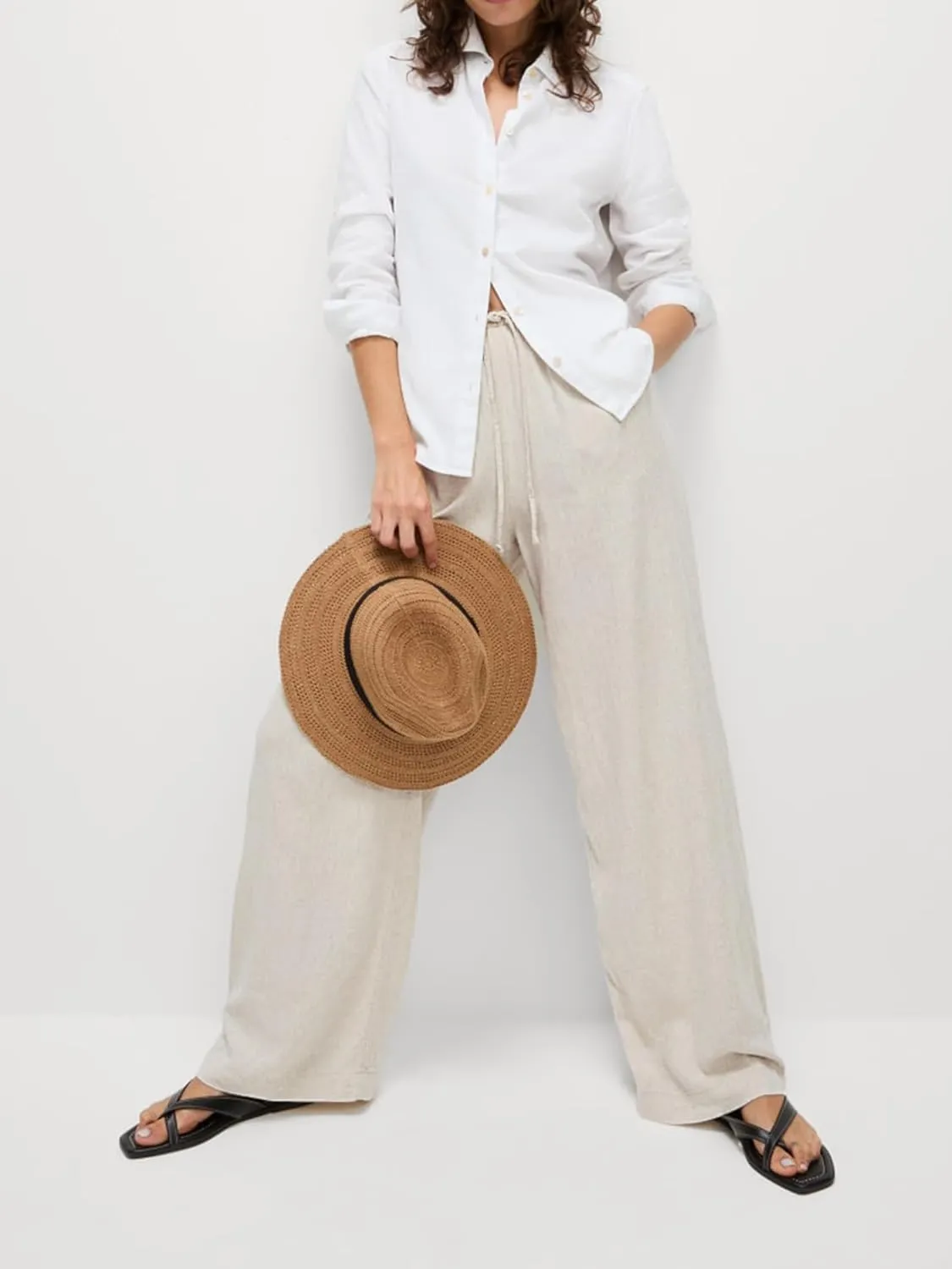 Women's High Waist Wide Leg Linen Blend Pants, Relaxed Beach Trousers with Side Pockets, Fit for Casual Wear