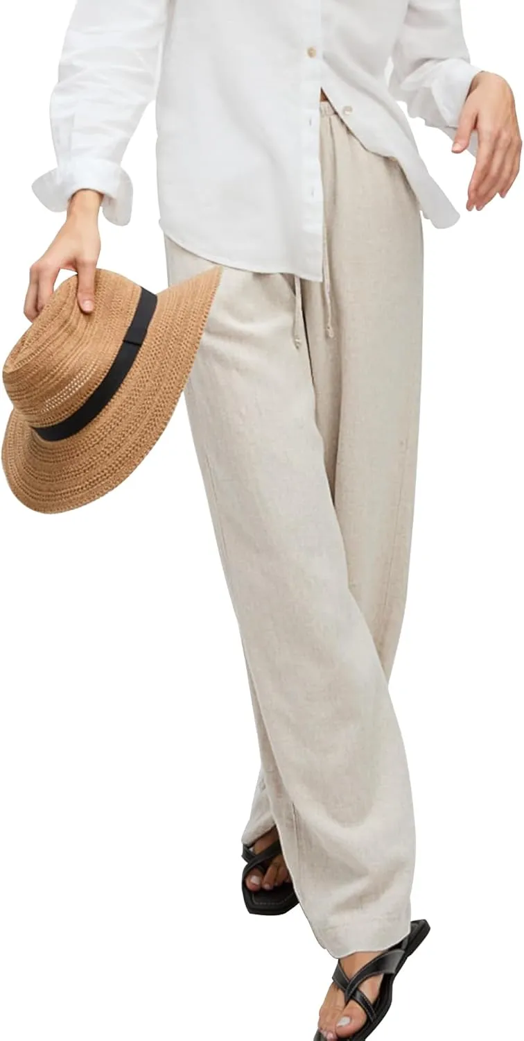 Women's High Waist Wide Leg Linen Blend Pants, Relaxed Beach Trousers with Side Pockets, Fit for Casual Wear