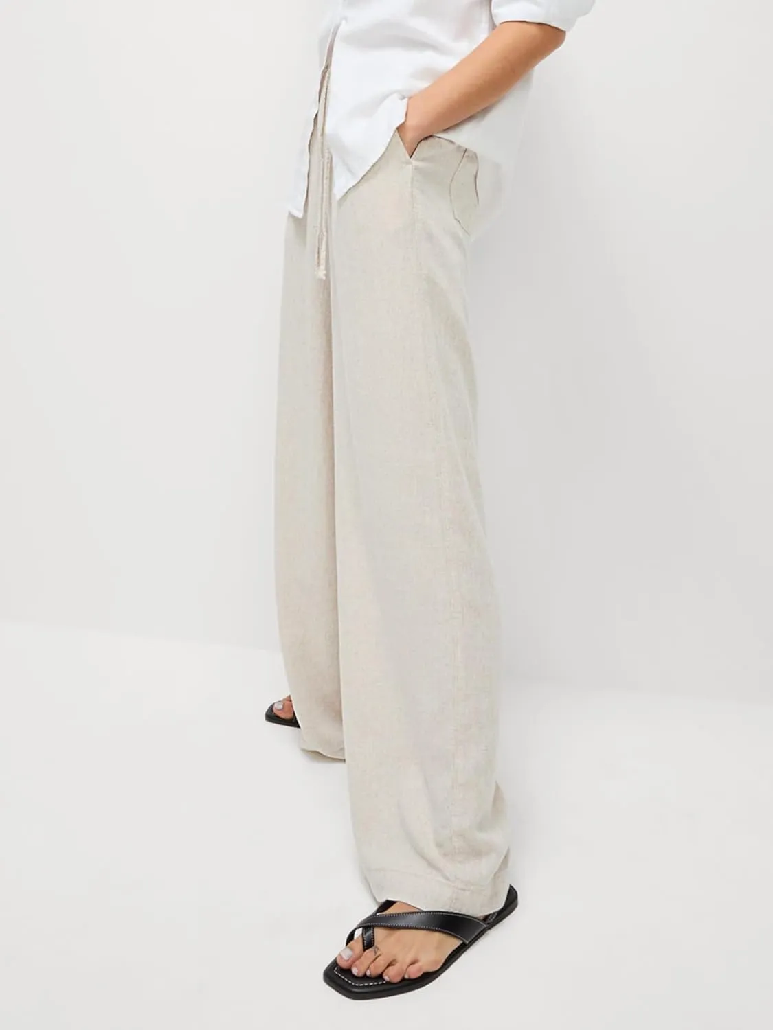 Women's High Waist Wide Leg Linen Blend Pants, Relaxed Beach Trousers with Side Pockets, Fit for Casual Wear