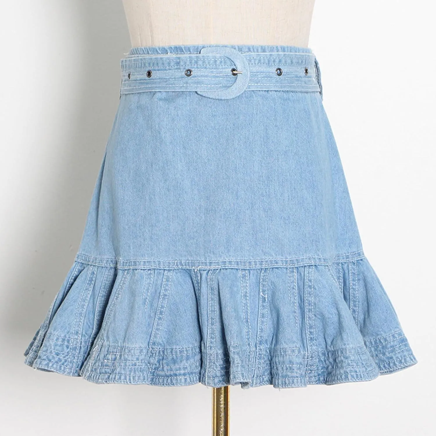 Womens High Waisted Denim Skirt Casual Ruffle Slim Fit A-Line Pleated Mini Jean Short Skirts