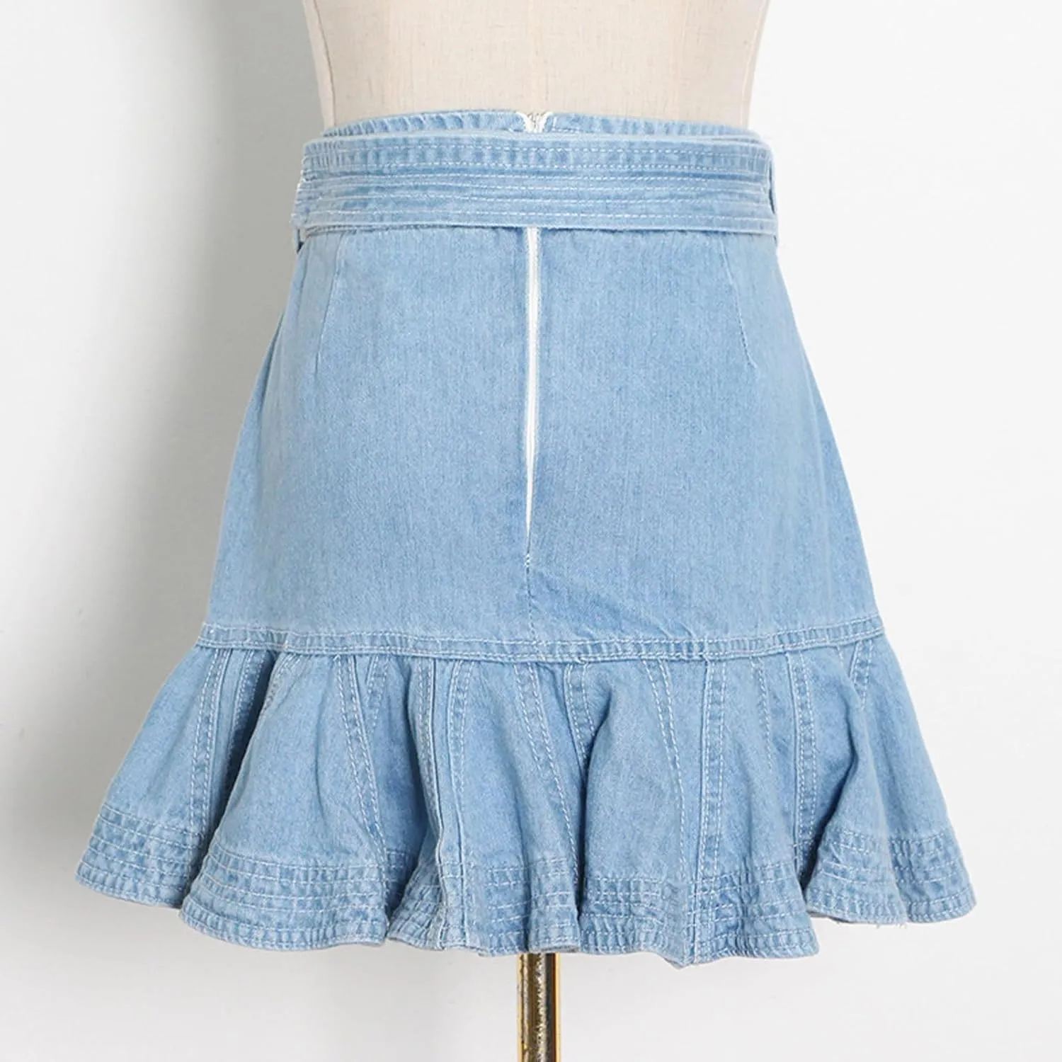 Womens High Waisted Denim Skirt Casual Ruffle Slim Fit A-Line Pleated Mini Jean Short Skirts