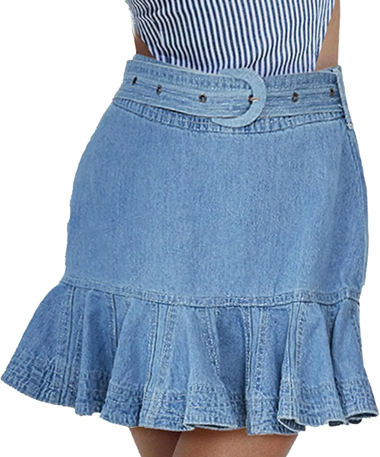 Womens High Waisted Denim Skirt Casual Ruffle Slim Fit A-Line Pleated Mini Jean Short Skirts