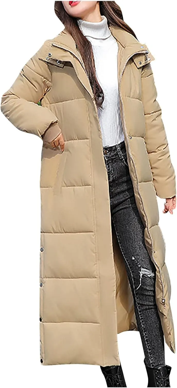 Women's Hooded Long Down Jacket Thickened Maxi Parka Puffer Coat Full Zip Quilted Outerwear with Side Button Hem
