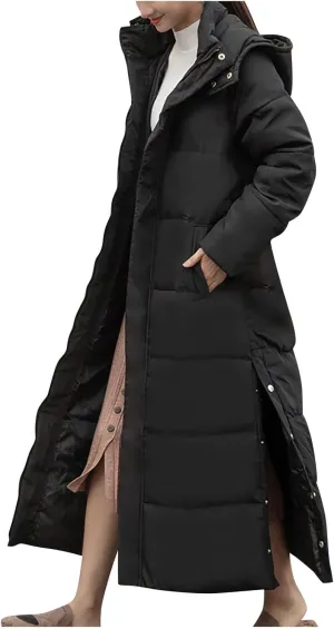 Women's Hooded Long Down Jacket Thickened Maxi Parka Puffer Coat Full Zip Quilted Outerwear with Side Button Hem