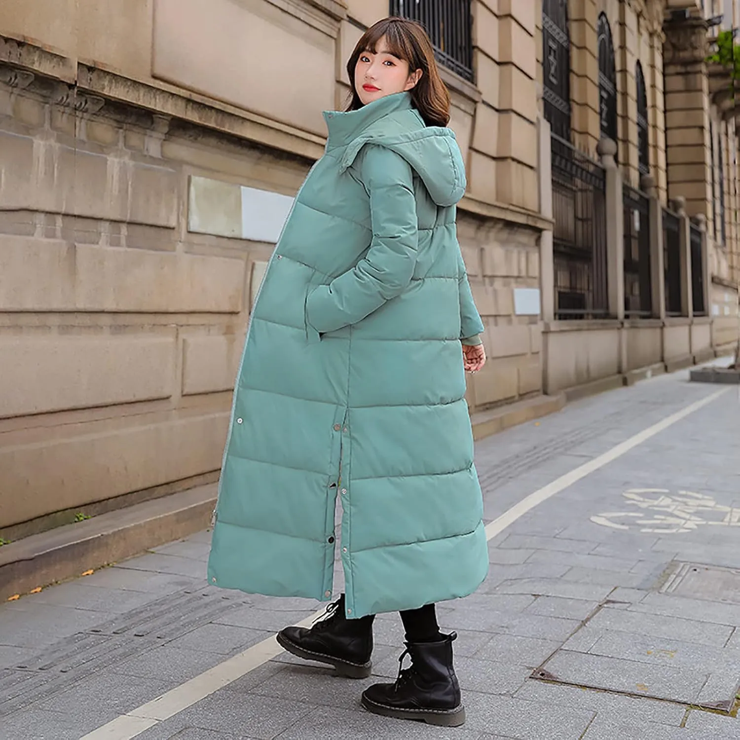 Women's Hooded Long Down Jacket Thickened Maxi Parka Puffer Coat Full Zip Quilted Outerwear with Side Button Hem