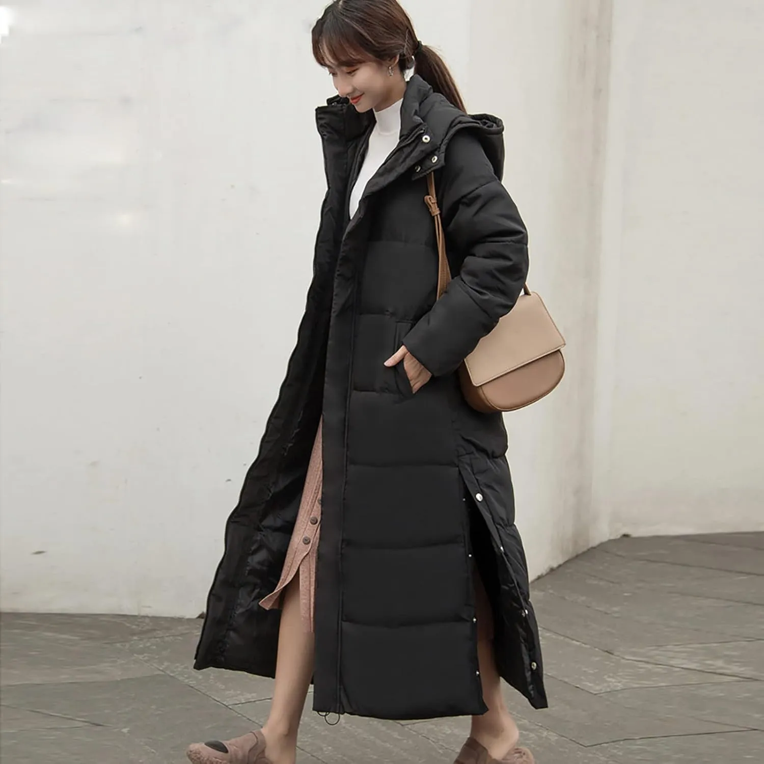 Women's Hooded Long Down Jacket Thickened Maxi Parka Puffer Coat Full Zip Quilted Outerwear with Side Button Hem