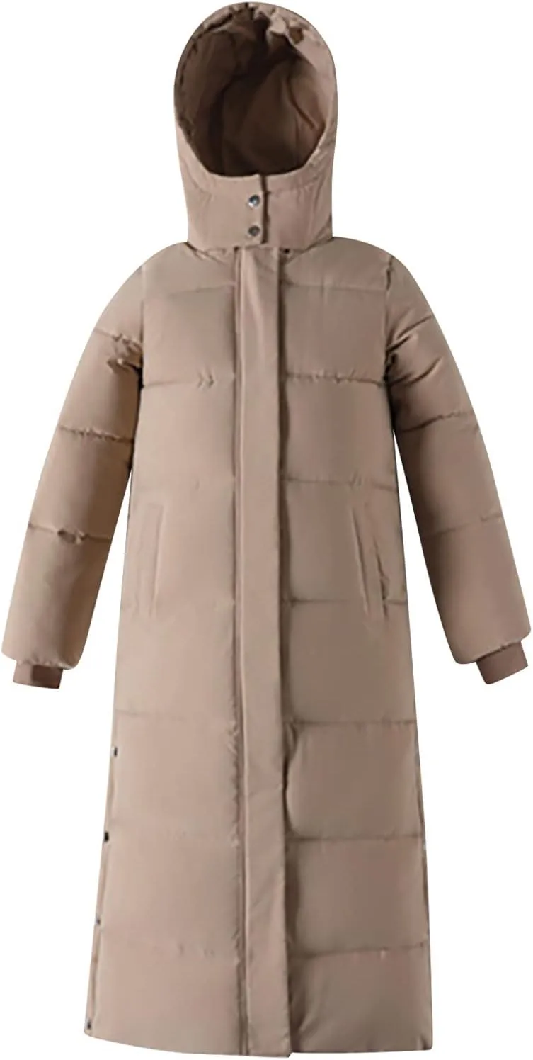 Women's Hooded Long Down Jacket Thickened Maxi Parka Puffer Coat Full Zip Quilted Outerwear with Side Button Hem