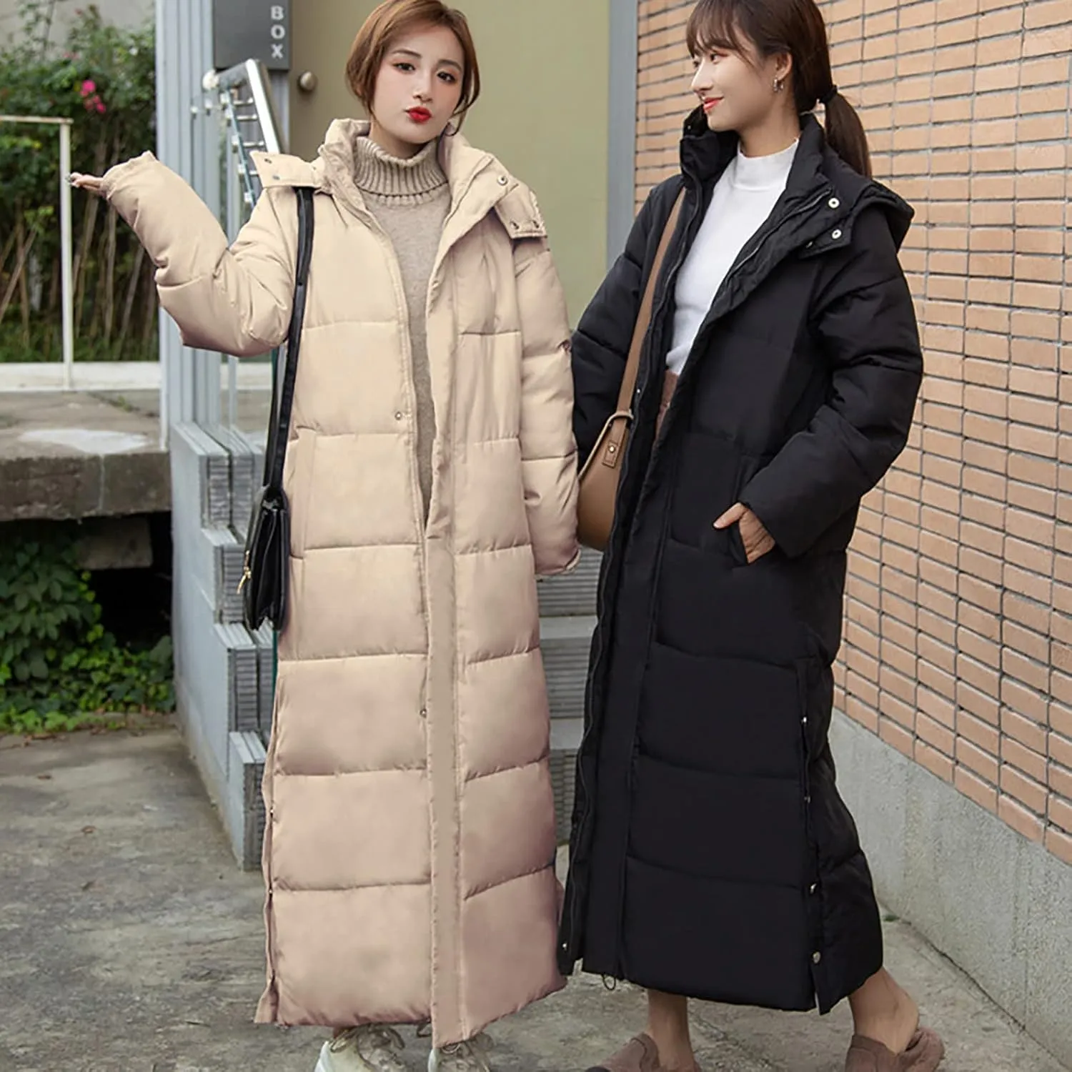 Women's Hooded Long Down Jacket Thickened Maxi Parka Puffer Coat Full Zip Quilted Outerwear with Side Button Hem