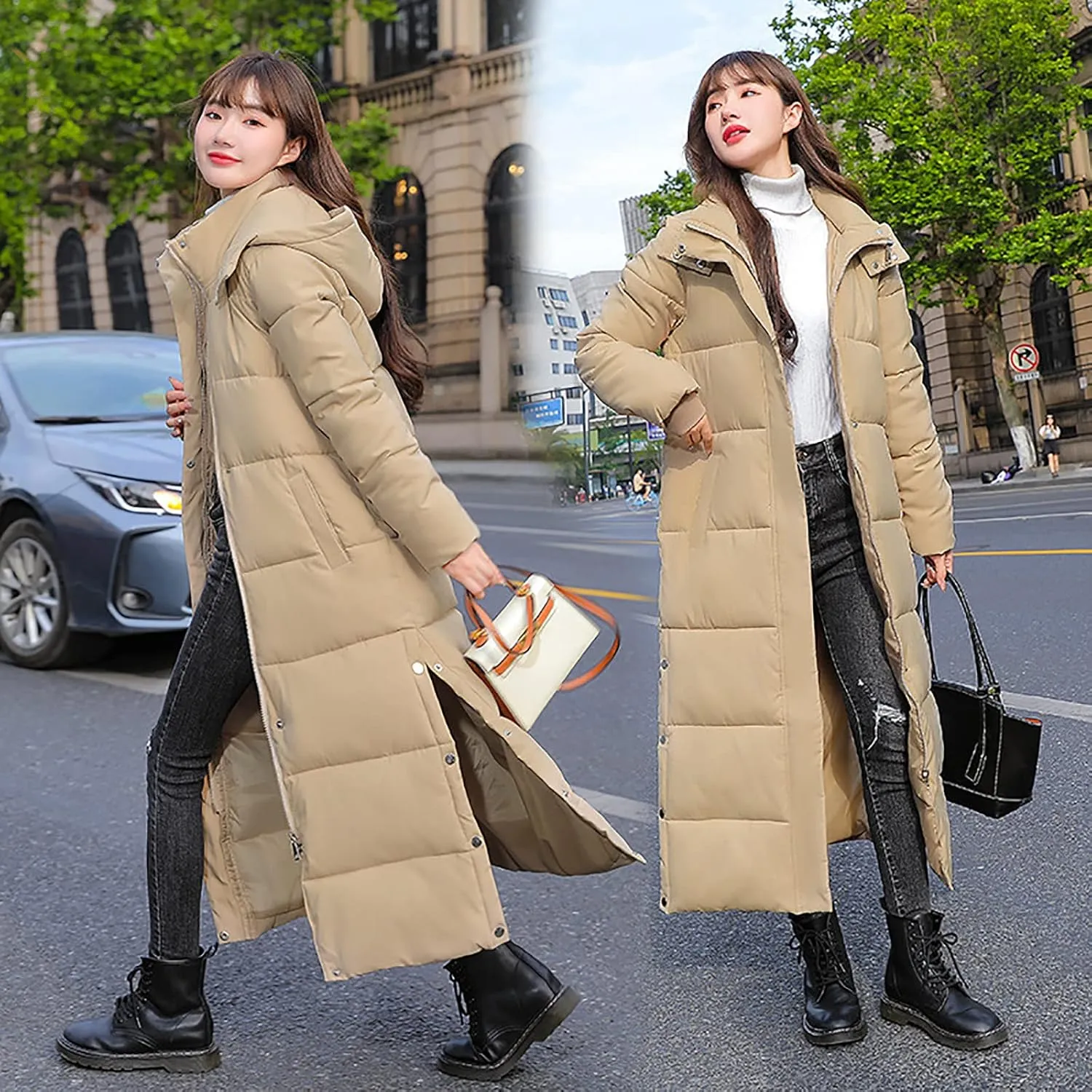 Women's Hooded Long Down Jacket Thickened Maxi Parka Puffer Coat Full Zip Quilted Outerwear with Side Button Hem