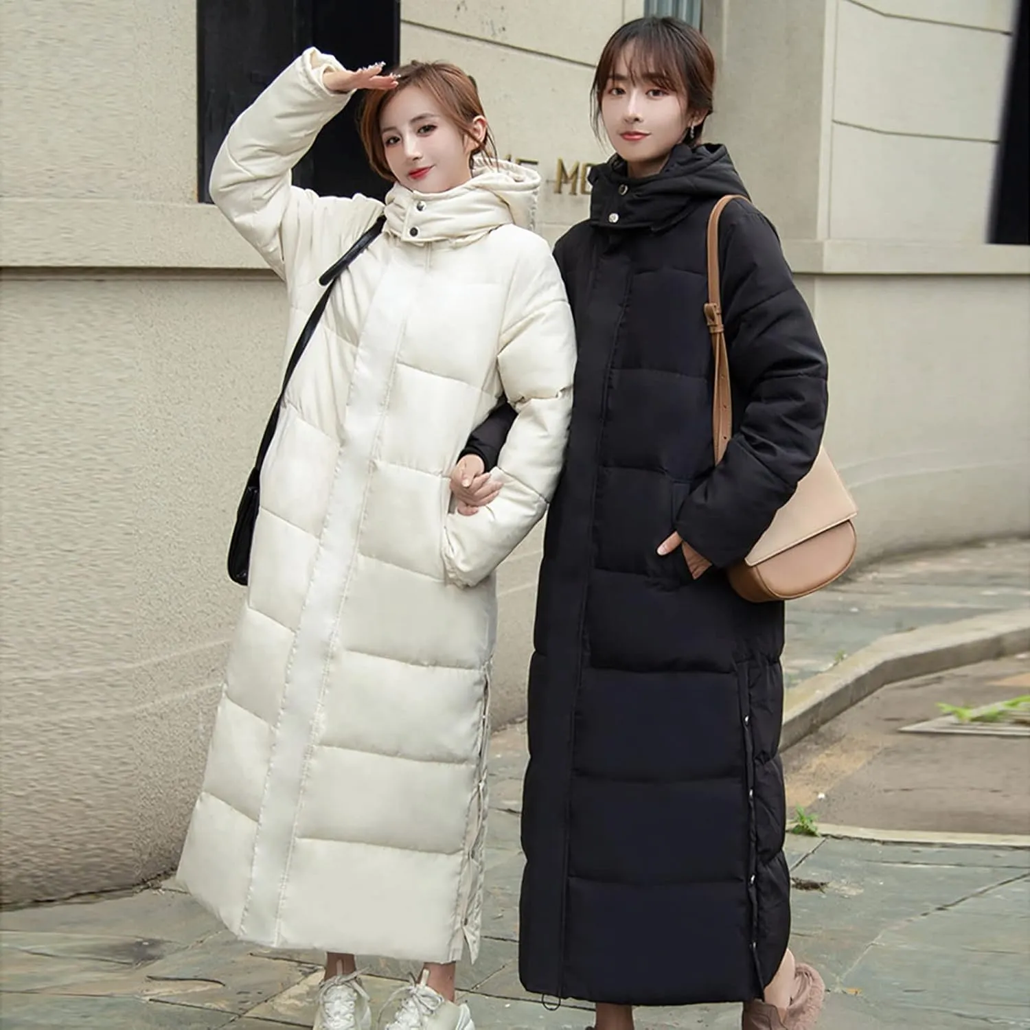 Women's Hooded Long Down Jacket Thickened Maxi Parka Puffer Coat Full Zip Quilted Outerwear with Side Button Hem