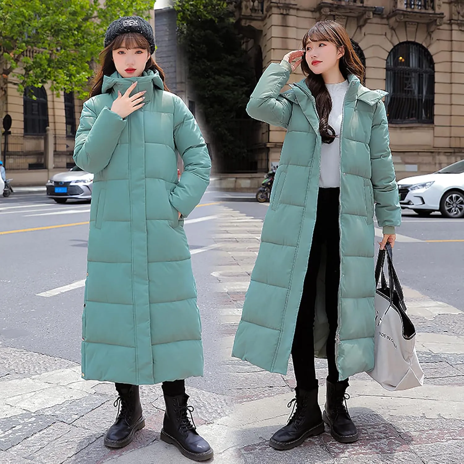 Women's Hooded Long Down Jacket Thickened Maxi Parka Puffer Coat Full Zip Quilted Outerwear with Side Button Hem
