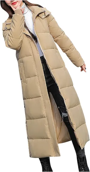 Women's Hooded Long Down Jacket Thickened Maxi Parka Puffer Coat Full Zip Quilted Outerwear with Side Button Hem