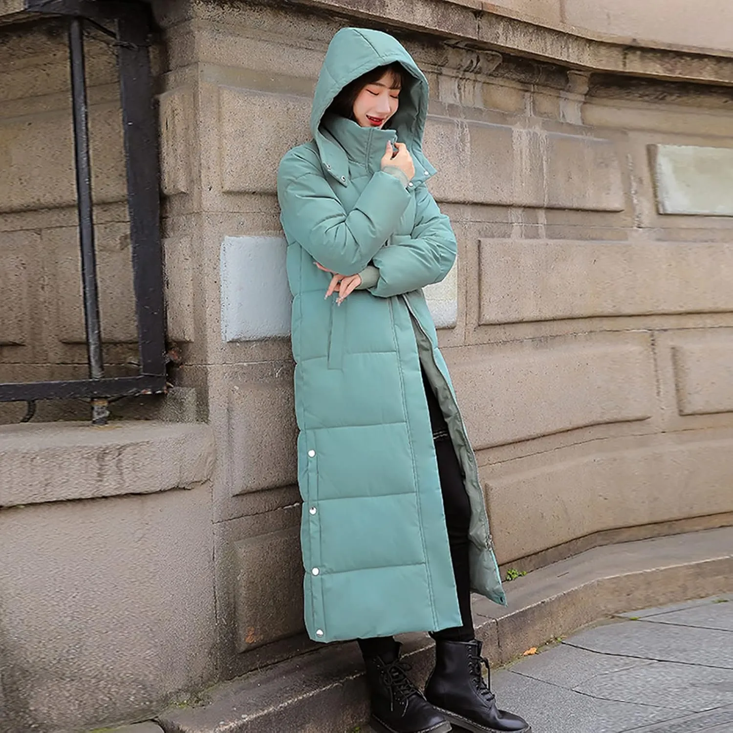 Women's Hooded Long Down Jacket Thickened Maxi Parka Puffer Coat Full Zip Quilted Outerwear with Side Button Hem