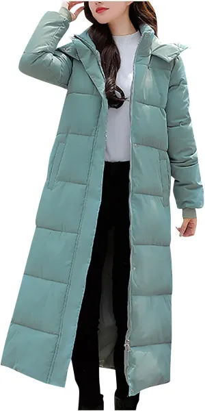 Women's Hooded Long Down Jacket Thickened Maxi Parka Puffer Coat Full Zip Quilted Outerwear with Side Button Hem