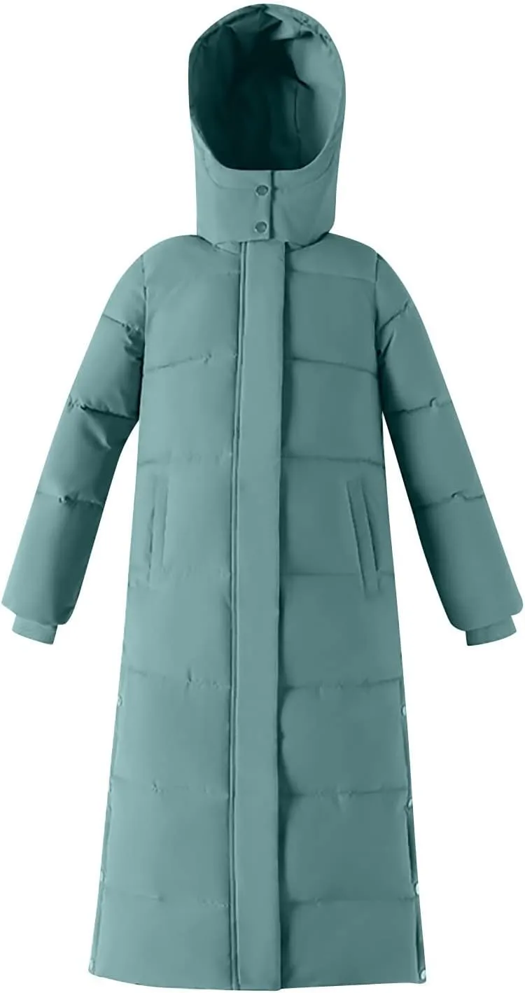 Women's Hooded Long Down Jacket Thickened Maxi Parka Puffer Coat Full Zip Quilted Outerwear with Side Button Hem