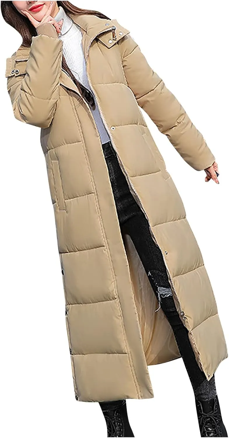 Women's Hooded Long Down Jacket Thickened Maxi Parka Puffer Coat Full Zip Quilted Outerwear with Side Button Hem