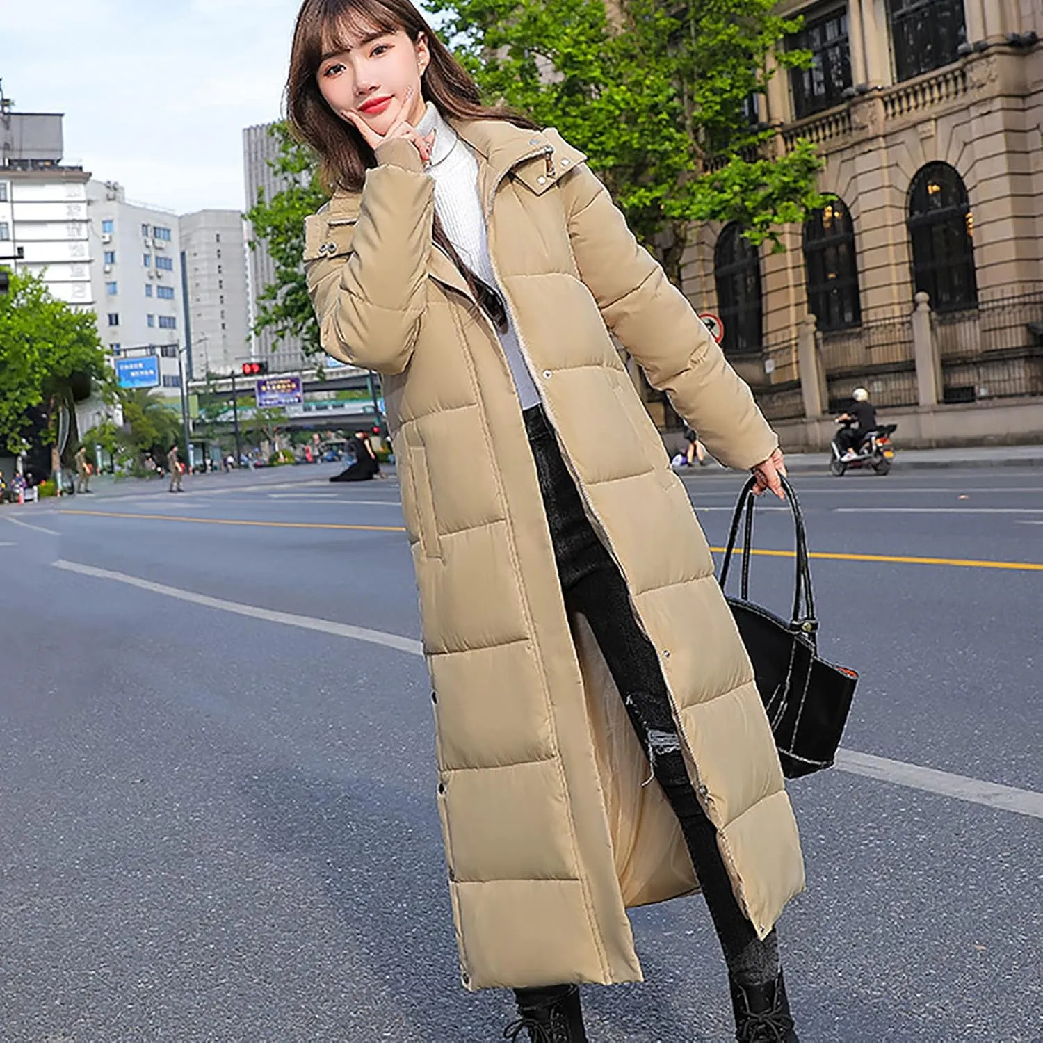 Women's Hooded Long Down Jacket Thickened Maxi Parka Puffer Coat Full Zip Quilted Outerwear with Side Button Hem