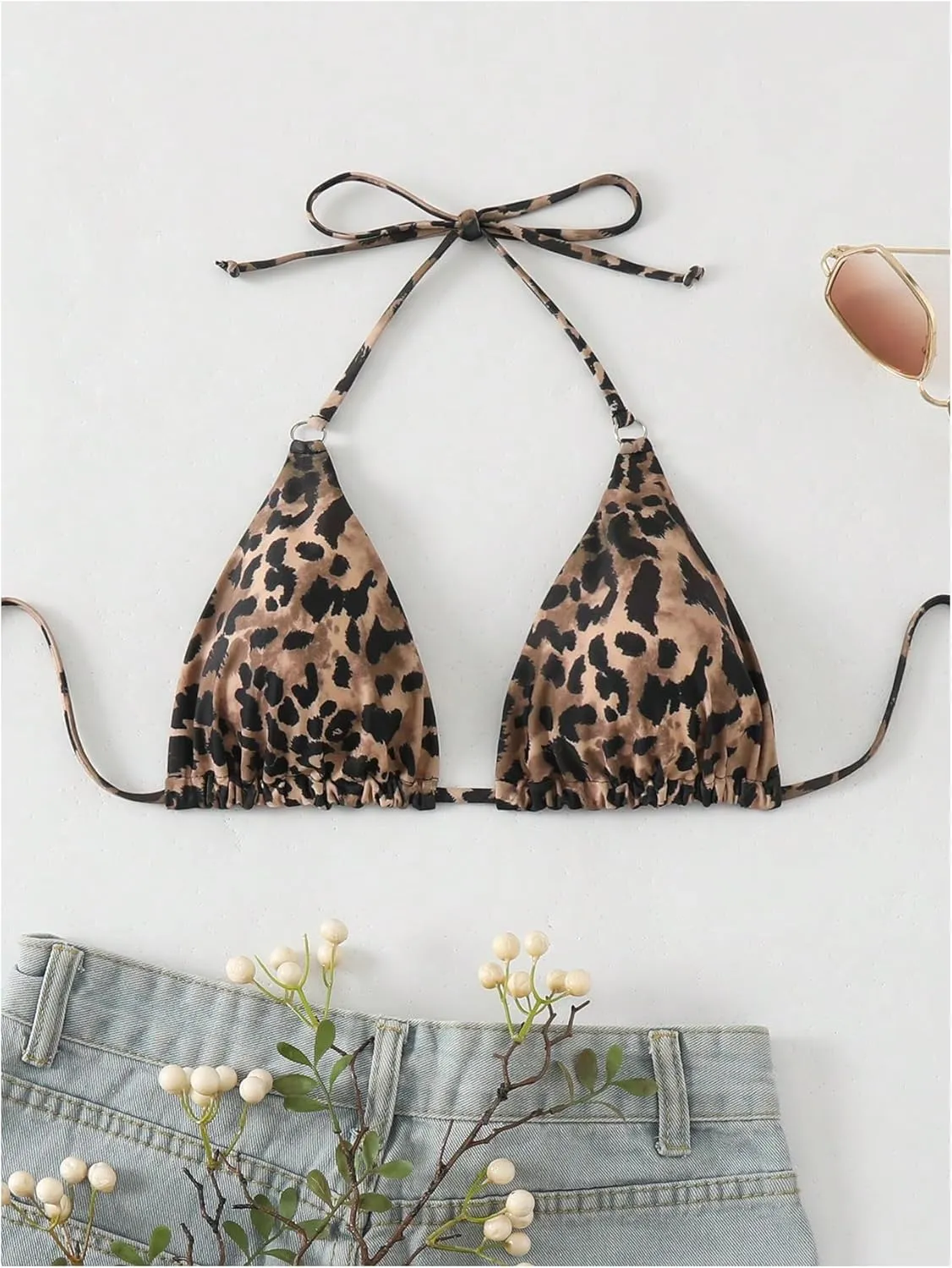 Women's Leopard Halter Bikini Top Triangle Wireless Tie Back Swimsuit Tops Y2K Swim Bra
