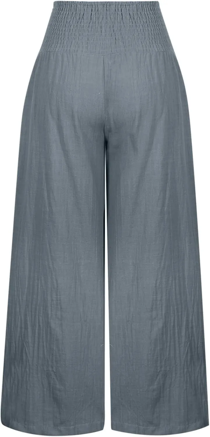 Women's Linen Pants, Summer Fall Wide Leg Palazzo Pants High Waisted Drawstring Leg Capri Pants Cotton Trousers with Pocket
