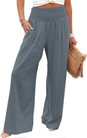 Women's Linen Pants, Summer Fall Wide Leg Palazzo Pants High Waisted Drawstring Leg Capri Pants Cotton Trousers with Pocket