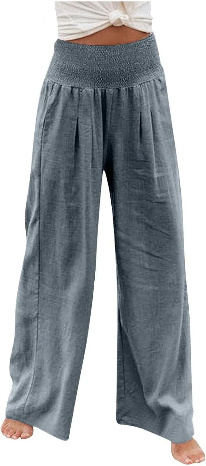 Women's Linen Pants, Summer Fall Wide Leg Palazzo Pants High Waisted Drawstring Leg Capri Pants Cotton Trousers with Pocket