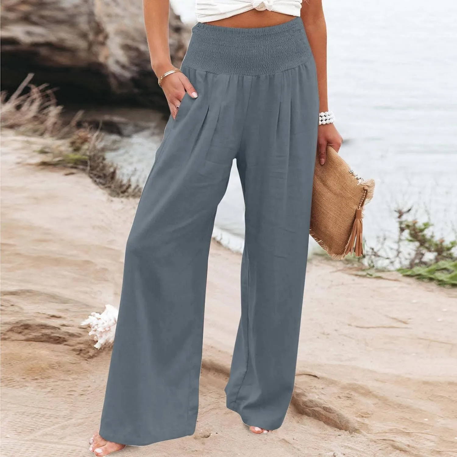 Women's Linen Pants, Summer Fall Wide Leg Palazzo Pants High Waisted Drawstring Leg Capri Pants Cotton Trousers with Pocket