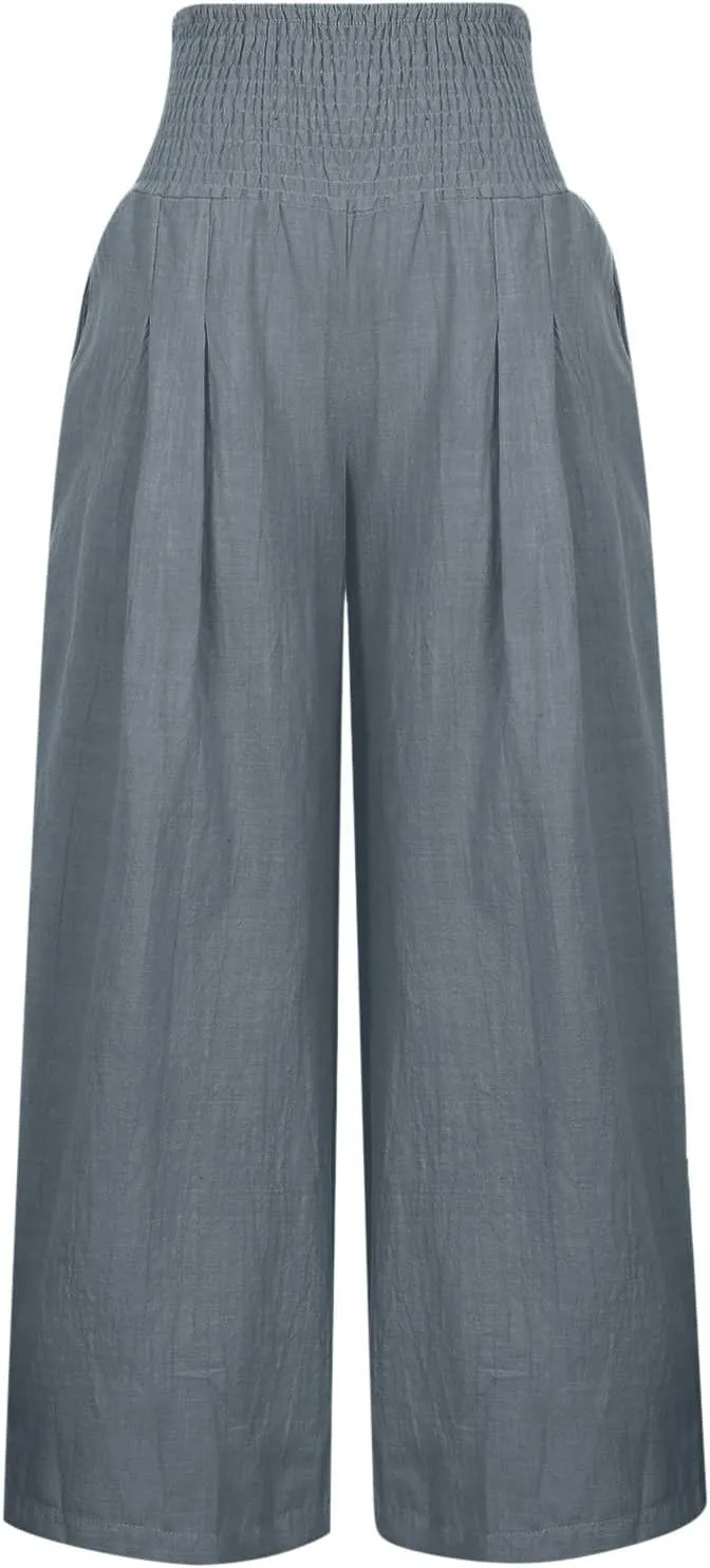 Women's Linen Pants, Summer Fall Wide Leg Palazzo Pants High Waisted Drawstring Leg Capri Pants Cotton Trousers with Pocket