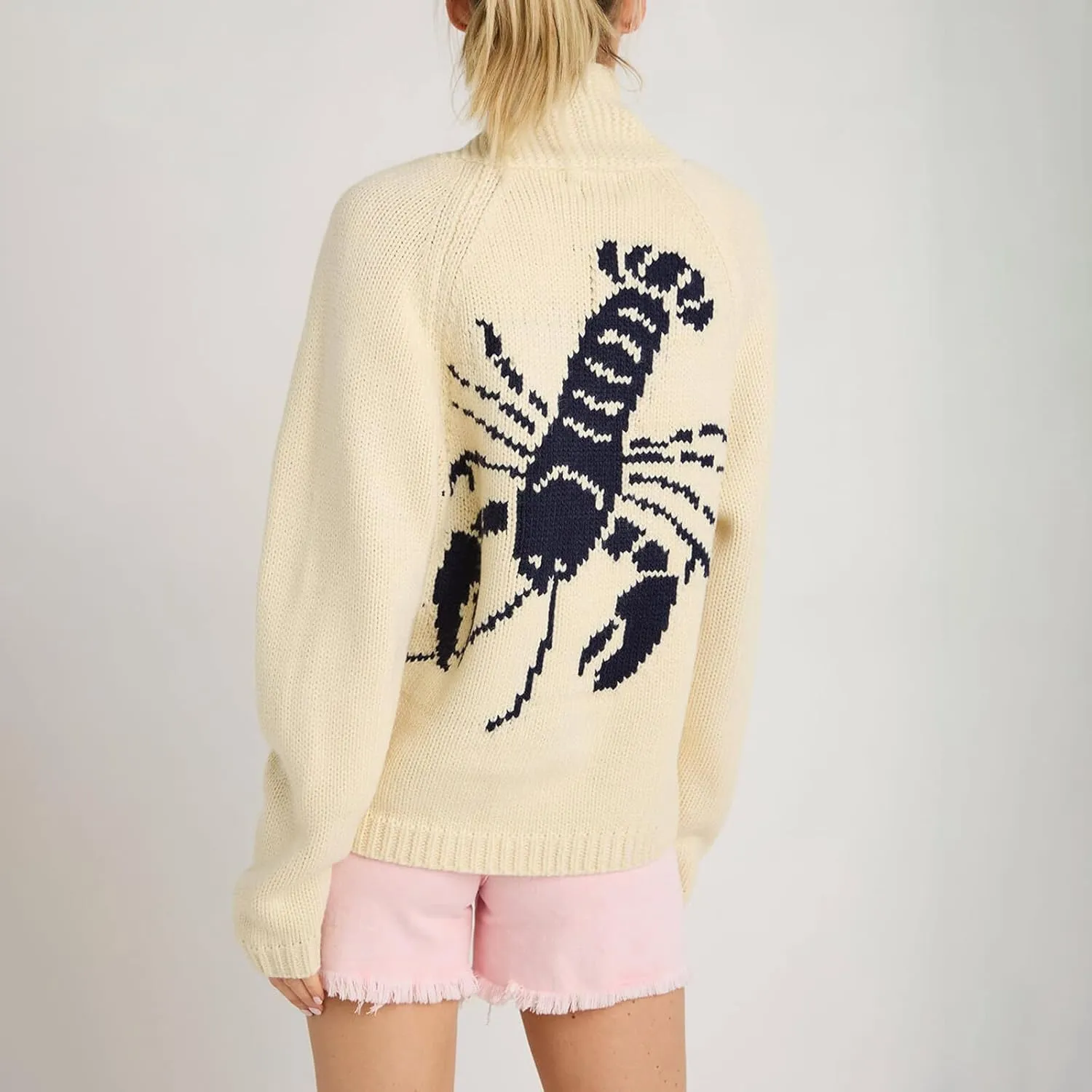Women's Lobster Knit Sweater Cardigan Long Sleeve Shawl Collar Open Front Vintage Lightweight Knitwear Tops