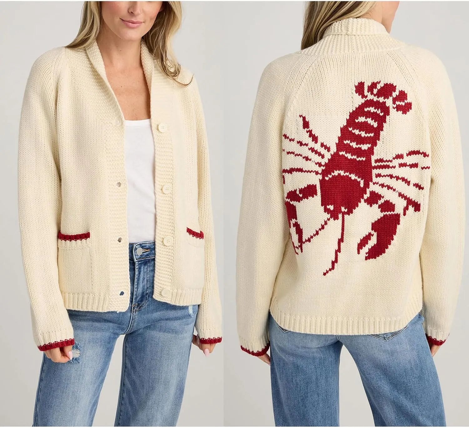 Women's Lobster Knit Sweater Cardigan Long Sleeve Shawl Collar Open Front Vintage Lightweight Knitwear Tops