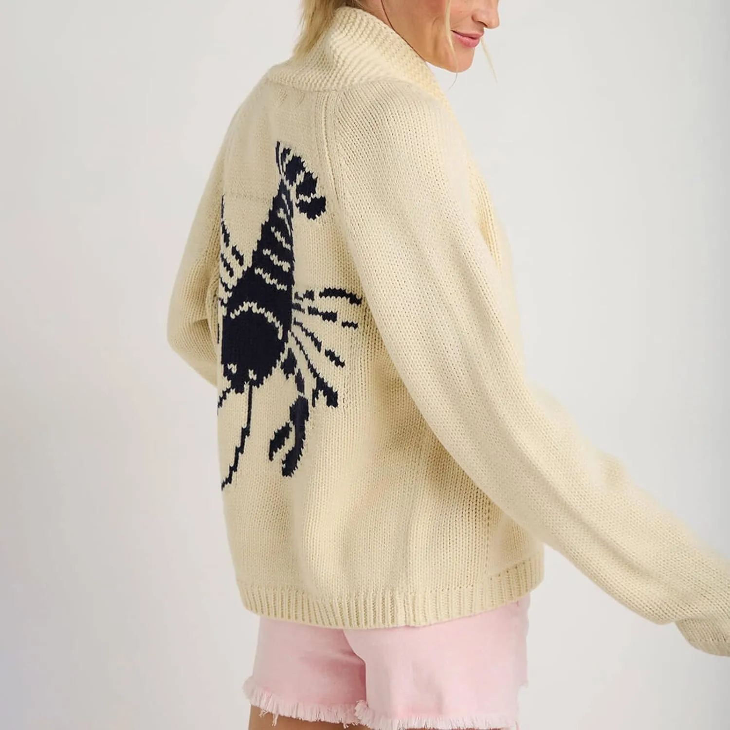 Women's Lobster Knit Sweater Cardigan Long Sleeve Shawl Collar Open Front Vintage Lightweight Knitwear Tops