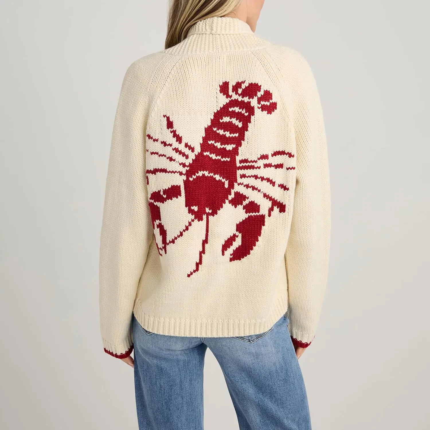 Women's Lobster Knit Sweater Cardigan Long Sleeve Shawl Collar Open Front Vintage Lightweight Knitwear Tops