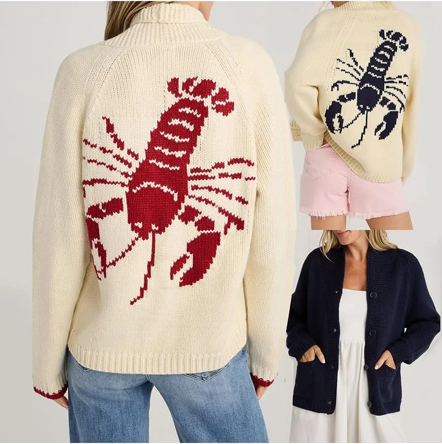 Women's Lobster Knit Sweater Cardigan Long Sleeve Shawl Collar Open Front Vintage Lightweight Knitwear Tops