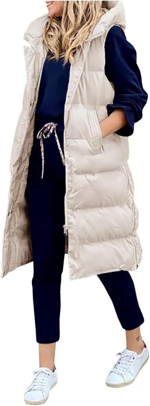 Women's Long Puffer Vest Full-Zip Sleeveless Down Vest Hooded Jacket Fashionable Coats Jacket with Pockets Trendy
