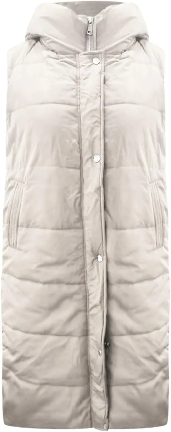 Women's Long Puffer Vest Full-Zip Sleeveless Down Vest Hooded Jacket Fashionable Coats Jacket with Pockets Trendy