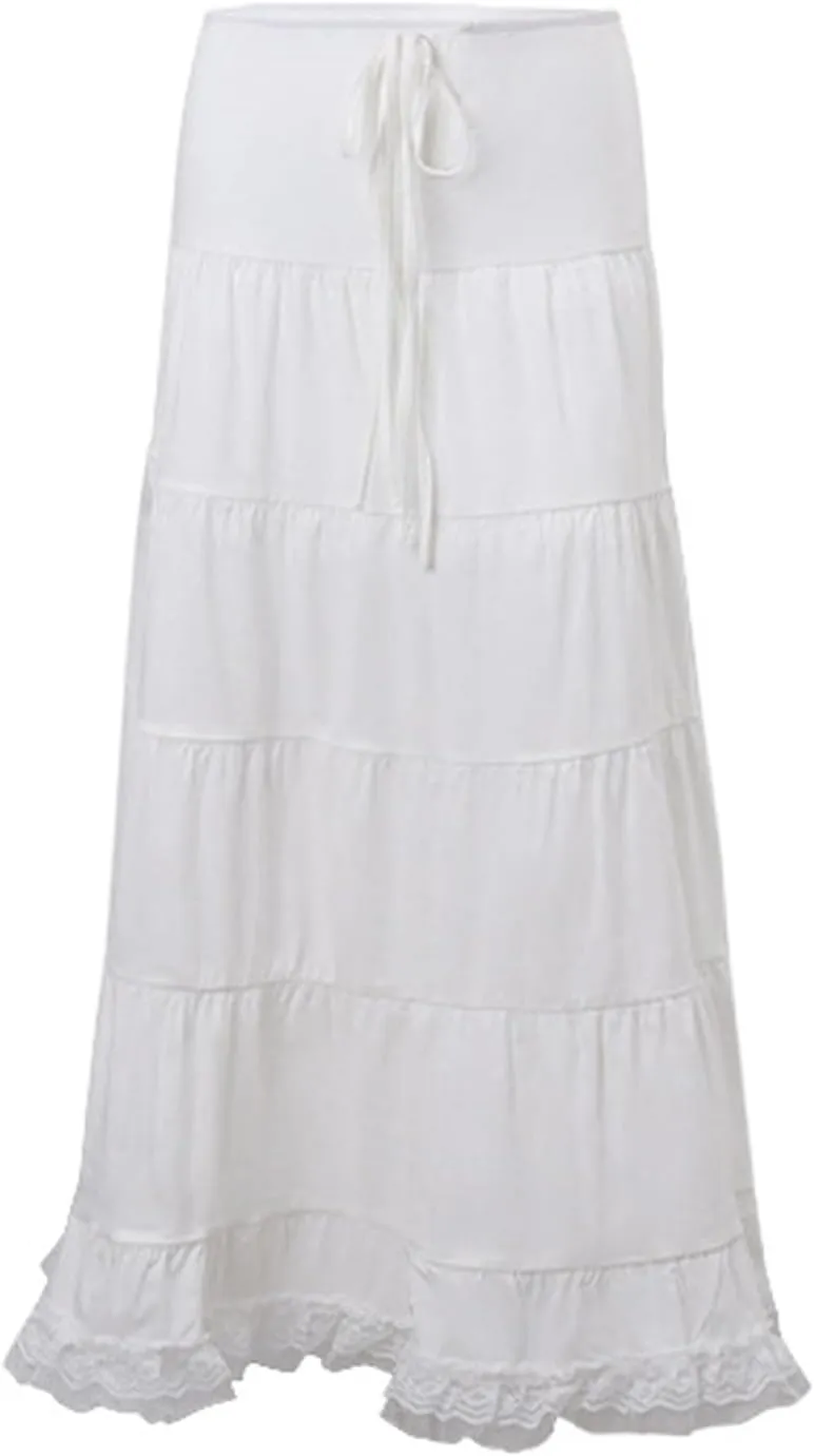 Womens Long Skirts Lace Hem Tie-Up Low Waist Skirts Spring Summer Fashion Casual Skirts