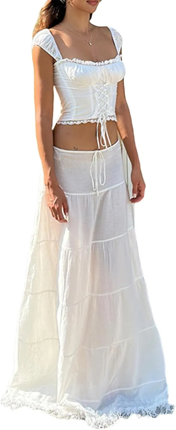 Womens Long Skirts Lace Hem Tie-Up Low Waist Skirts Spring Summer Fashion Casual Skirts
