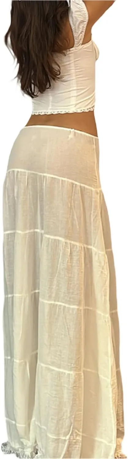 Womens Long Skirts Lace Hem Tie-Up Low Waist Skirts Spring Summer Fashion Casual Skirts