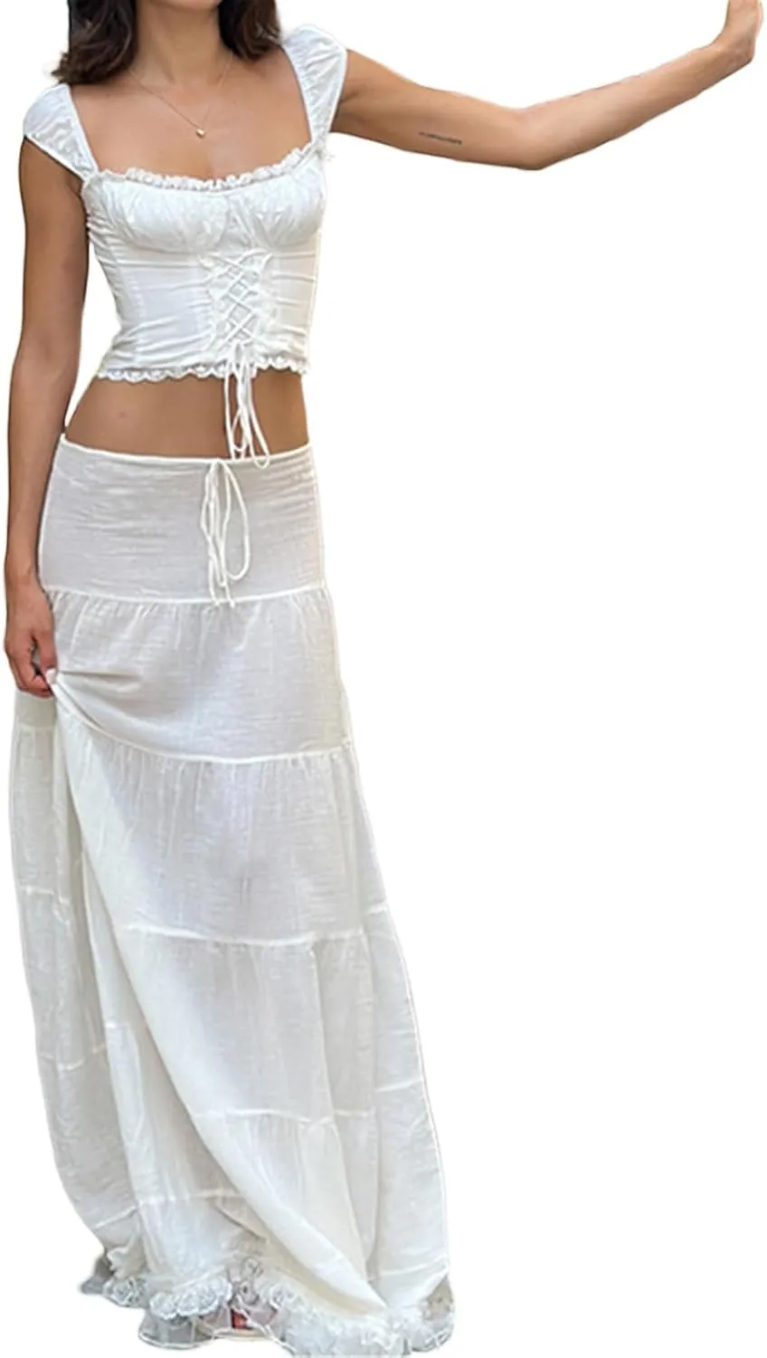 Womens Long Skirts Lace Hem Tie-Up Low Waist Skirts Spring Summer Fashion Casual Skirts