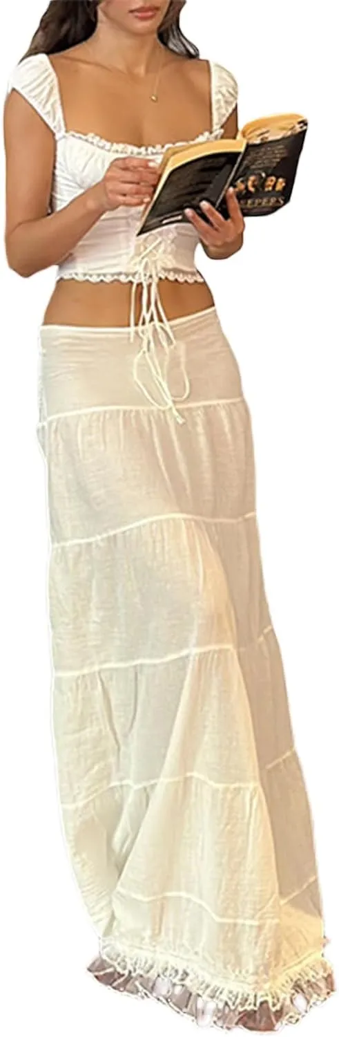 Womens Long Skirts Lace Hem Tie-Up Low Waist Skirts Spring Summer Fashion Casual Skirts