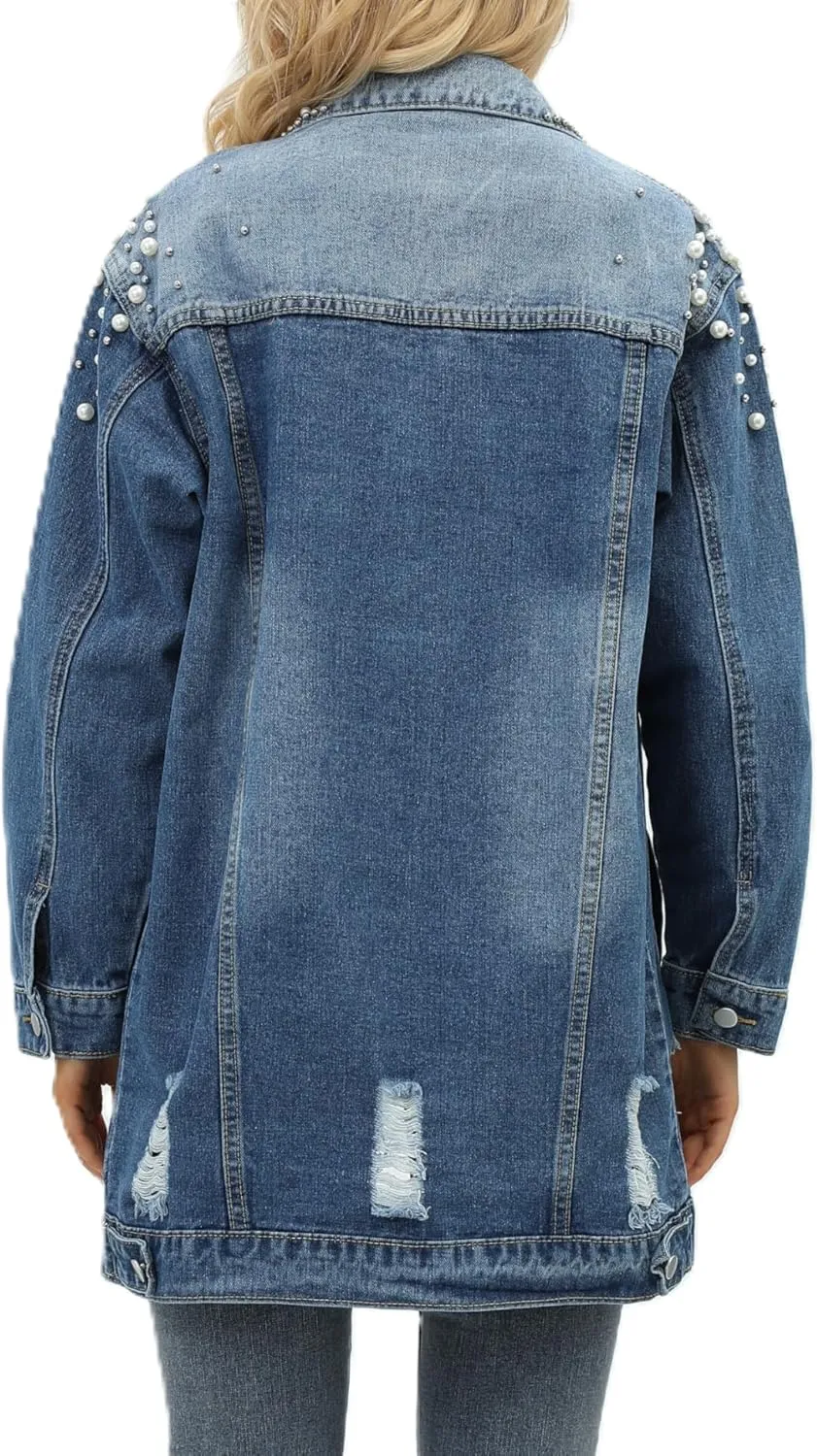 Women's Long Sleeve Button Down Pearl Jean Jacket Boyfriend Long Denim Coat