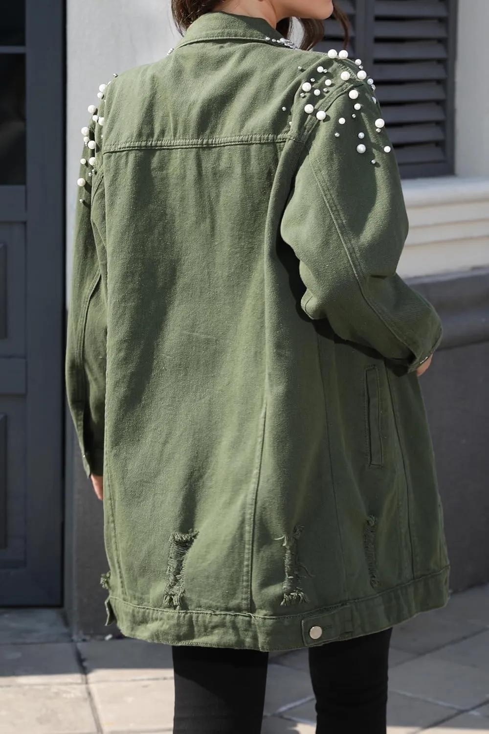 Women's Long Sleeve Button Down Pearl Jean Jacket Boyfriend Long Denim Coat