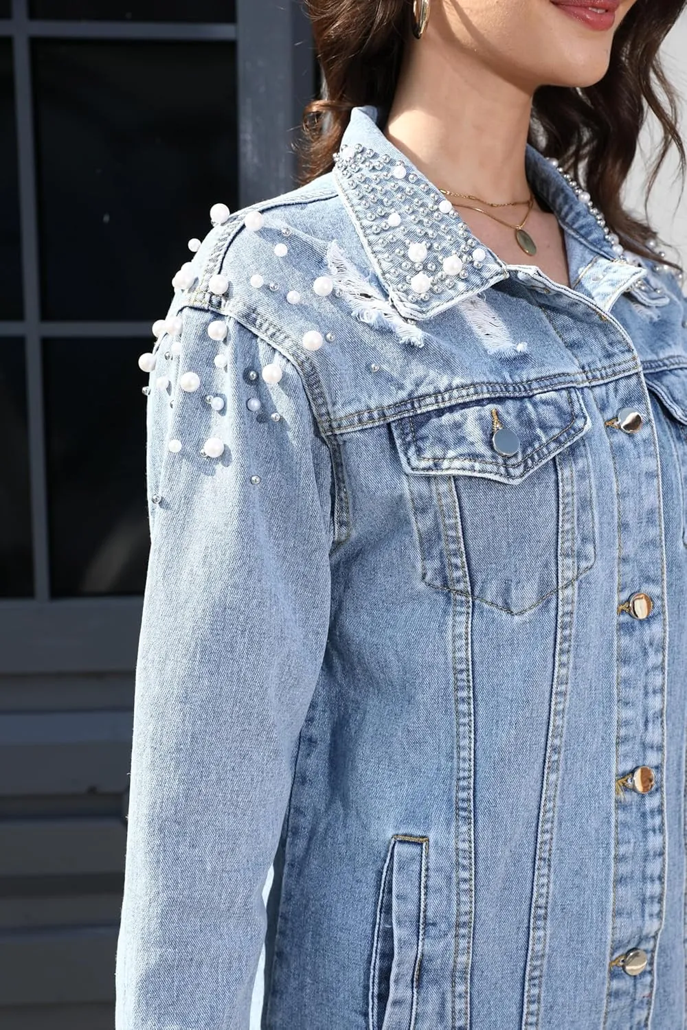 Women's Long Sleeve Button Down Pearl Jean Jacket Boyfriend Long Denim Coat